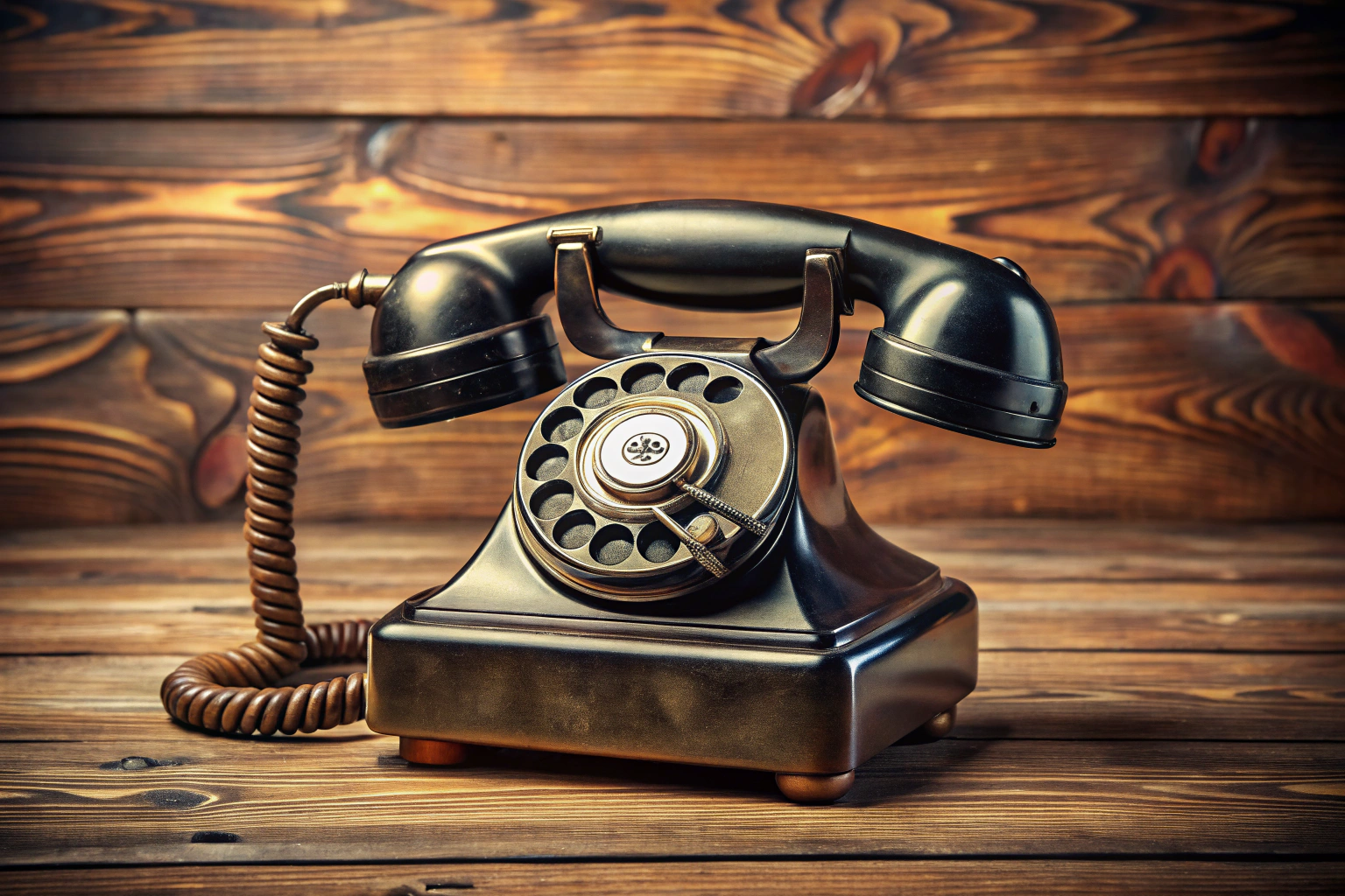 Uma imagem de um telefone antigo em uma mesa de madeira, sem marcas ou números visíveis, simbolizando comunicação