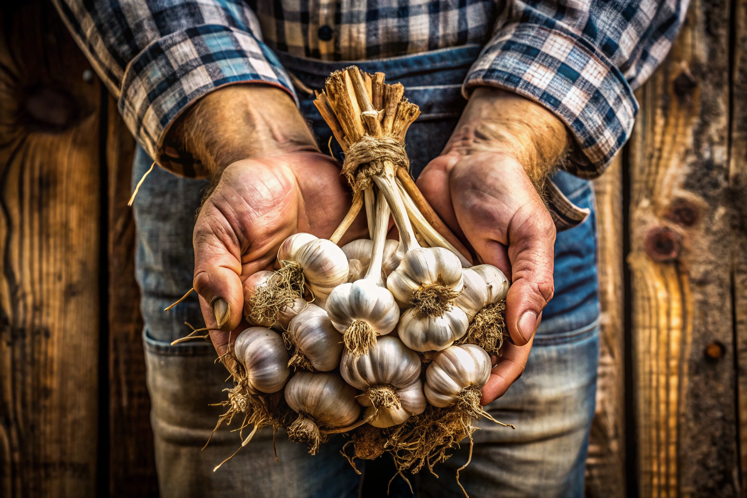 Mãos segurando bulbos de alho recém-colhidos com terra, em um fundo de madeira rústica em uma quinta portuguesa