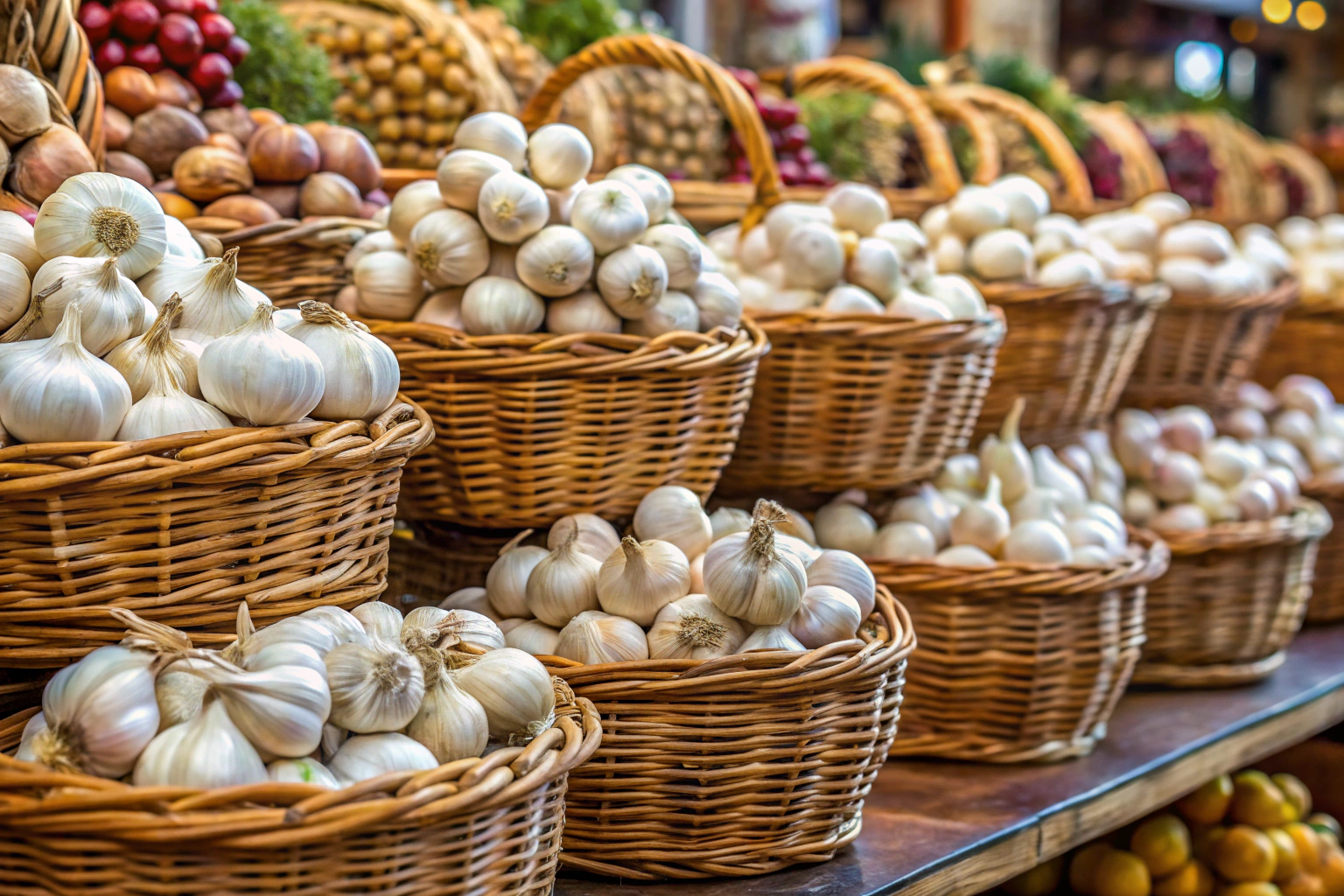 Cena de um mercado português com alho fresco disposto em cestas, sem qualquer texto ou marcas visíveis