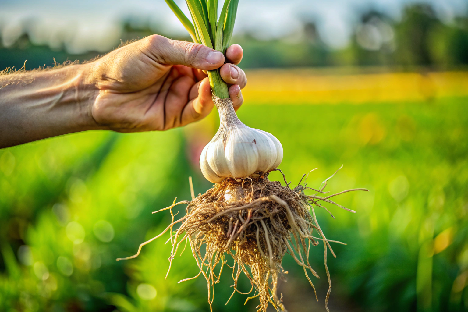 Close-up of a hand holding a freshly harvested garlic bulb with roots and soil, set against a blurred background of a green field, emphasizing natural and organic qualities without any text or identifiable symbols