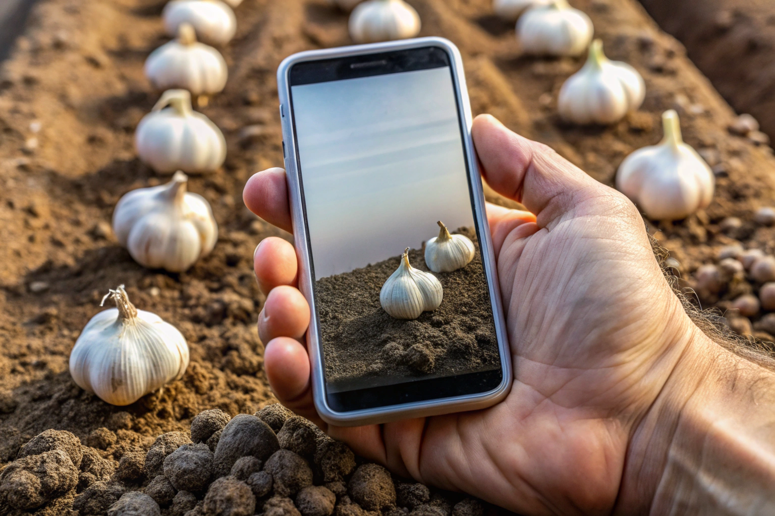 A close-up of a hand holding a smartphone showing a webpage about garlic cultivation, with no visible text or logos, set against a background of soil and plants.